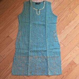 Anokhi Blue Sleeveless Kurta Tunic Top  with Gold Accents And Side Slits Fits M